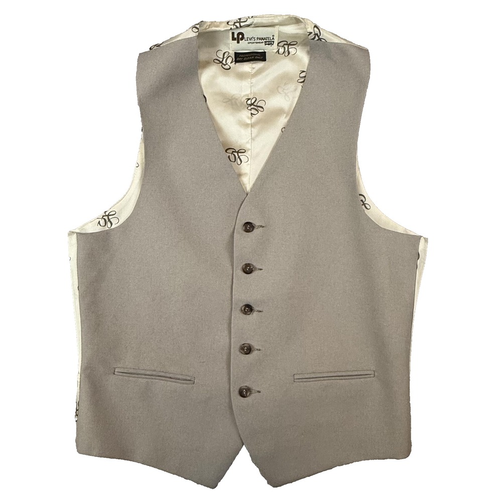Vtg Levis Panatela Vest Men M Beige Waistcoat 70s Rockabilly Western Cowboy Logo